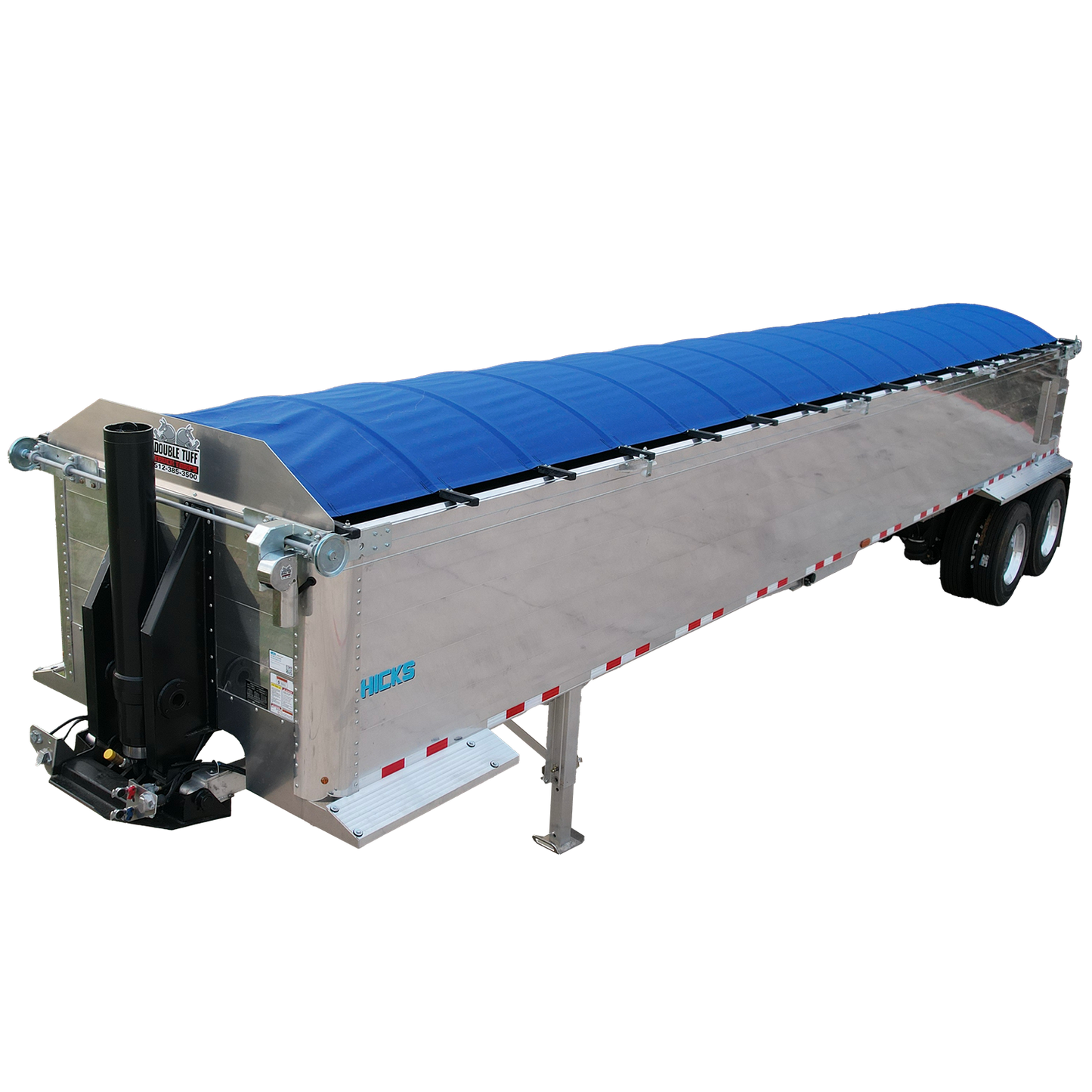 Longitudinal view of an end dump trailer with a blue tarp on a white background