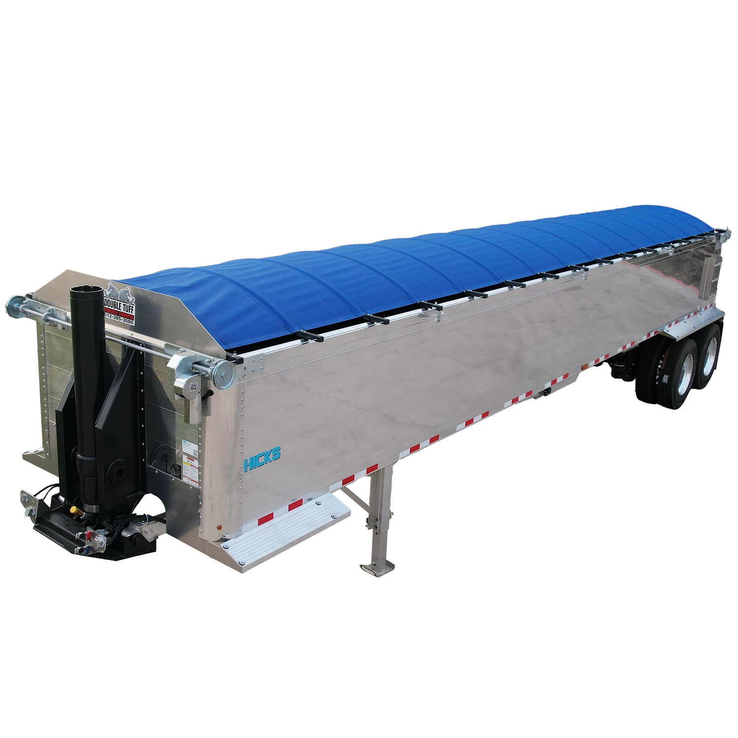Longitudinal view of an end dump trailer with a blue tarp on a white background
