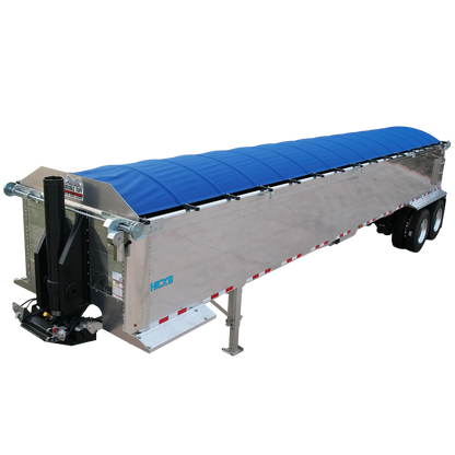 Longitudinal view of an end dump trailer with a blue tarp on a white background